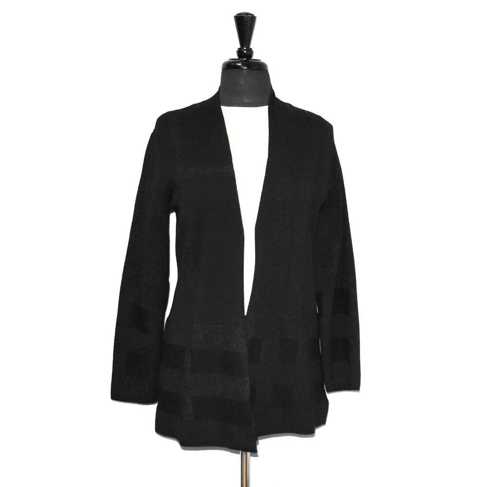 B5 NWT EILEEN FISHER Black Merino Cotton Plaid Open Front Straight Cardigan Sz S